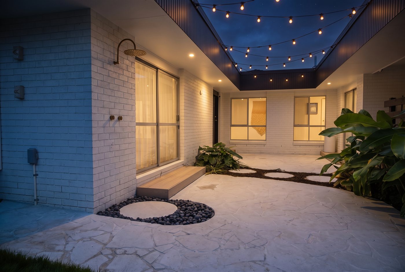 Courtyard lit at night by festoon lighting above a paved entertaining area